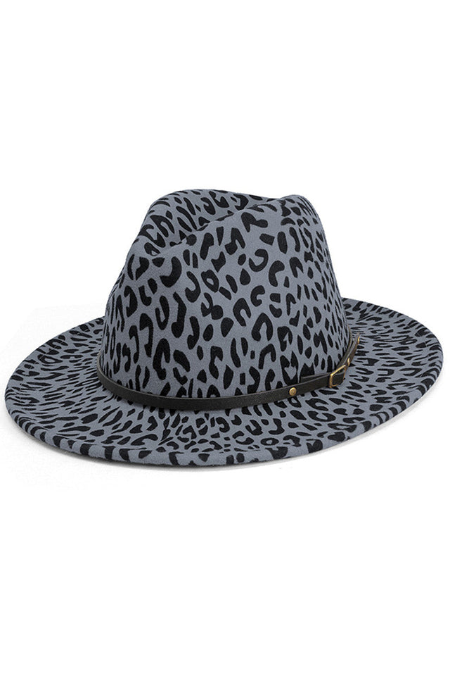 Gray BELT BUCKLE TRIM LEOPARD PRINT FELT HAT features a distinctive belt buckle trim that adds a sophisticated edge to its classic silhouette. Crafted from quality felt material, it maintains structural integrity while the bold animal pattern creates visual interest. The strategic buckle detail serves as both a functional element and a style accent, perfect for the fashion-forward individual seeking to elevate their accessory collection with authoritative flair.