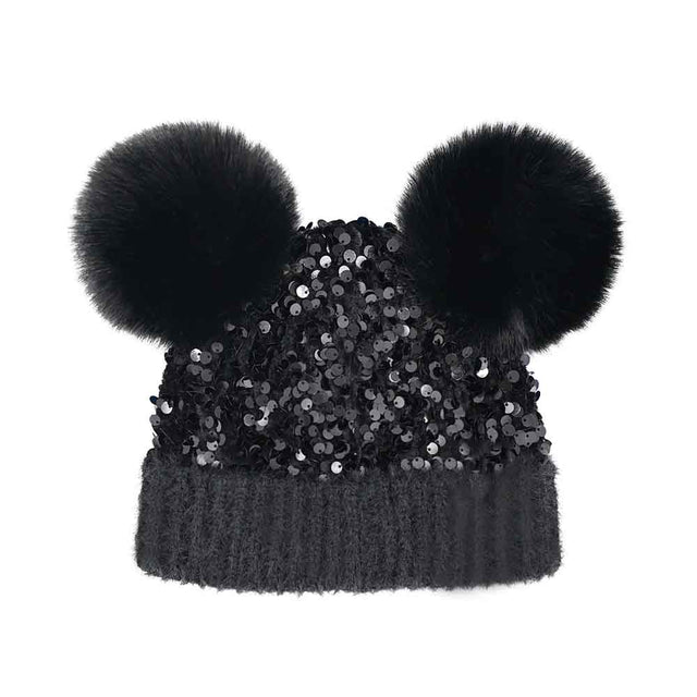Black BABY Cluster Sequin Faux Fur Double Pom C.C Beanie combines style and warmth for your little one. Crafted with soft faux fur and adorned with shimmering sequins, it offers a cozy fit while adding a playful sparkle. The double pom design enhances its charm, making it a fashionable yet functional accessory for cold days. Ideal for keeping babies snug without compromising on trendy appeal. 