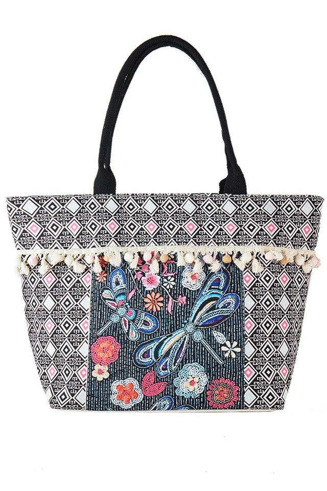 Black Boho and Dragonfly Print Tassel Summer Tote Bag combines stylish design with practical functionality. Featuring a spacious interior, it easily holds your daily essentials, while the detailed dragonfly print and tassel embellishments provide a unique bohemian touch. Made from durable, lightweight materials, this tote is ideal for summer outings, offering both comfort and a refined aesthetic for those who appreciate expert craftsmanship. 