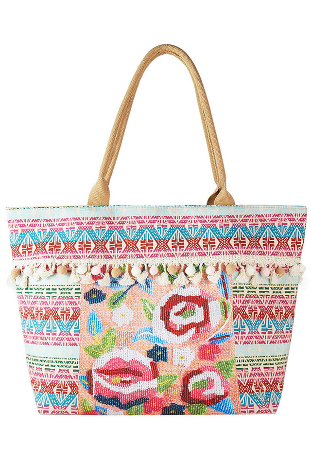 Beige Boho and Flowers Print Tassels Summer Tote Bag combines vibrant floral patterns with bohemian tassel accents, offering a stylish yet practical accessory for warm-weather outings. Crafted for durability and spaciousness, it easily holds your essentials while enhancing your summer wardrobe with a unique, artisanal touch. Ideal for beach trips, casual days, or festivals, this tote balances fashion and function seamlessly. 