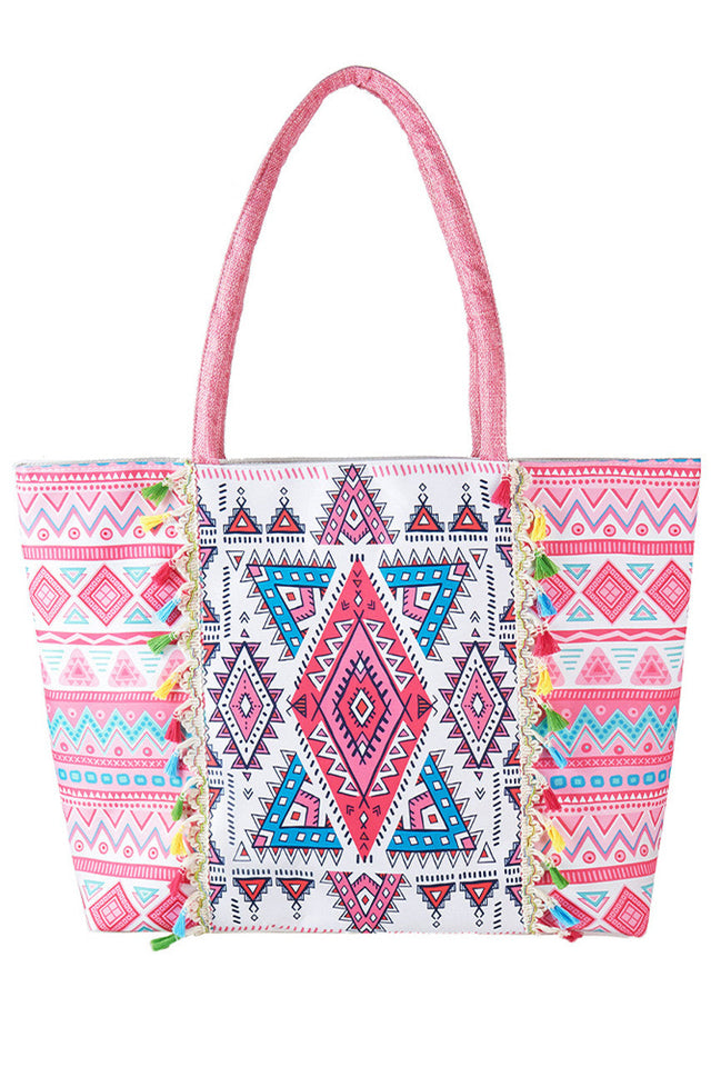 Boho Pattern Print Color Tassels Summer Tote Bag combines vibrant design with practical functionality. Crafted for warm-weather outings, its spacious interior effortlessly accommodates essentials, while the colourful tassels and intricate boho patterns add a stylish, artisanal touch. Durable and lightweight, this tote is ideal for beach trips, casual shopping, or everyday use, offering both aesthetic appeal and convenience. 