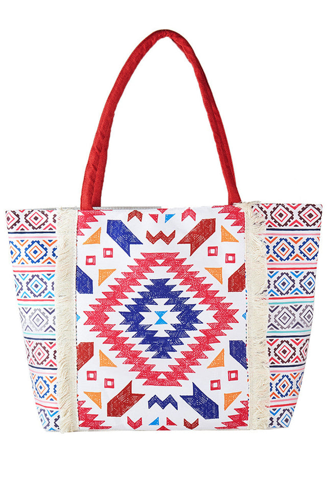 Red Boho Pattern Print Fringe Summer Tote Bag combines stylish design with practical functionality. Crafted with a vibrant bohemian pattern and delicate fringe detailing, it offers a lightweight yet spacious solution for carrying essentials during warm-weather outings. Its durable construction ensures reliable use, while the open-top design allows easy access. Ideal for beach trips, casual shopping, or festivals, this tote adds a touch of artisanal charm to your summer wardrobe. 