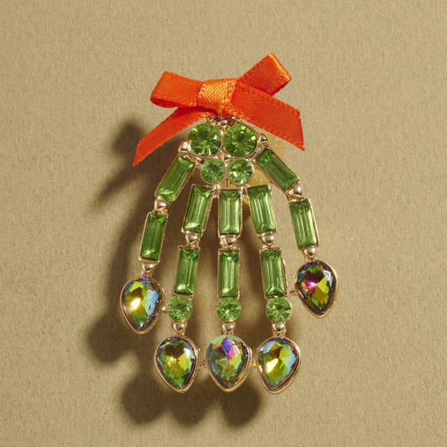 Gold, Green Bow Accent Glass Stone Skeleton Hand Pin Brooch