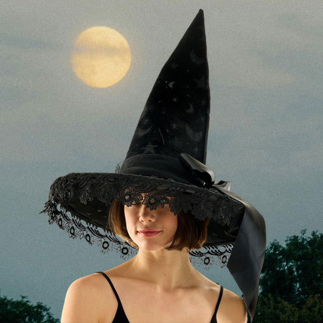 Black Bow Pointed Flower Lace Around Halloween Witch Hat