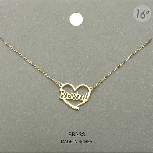 Brass Metal Baseball Heart Pendant Necklace - Gold