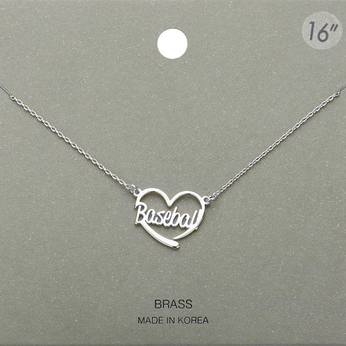 Brass Metal Baseball Heart Pendant Necklace - Rhodium