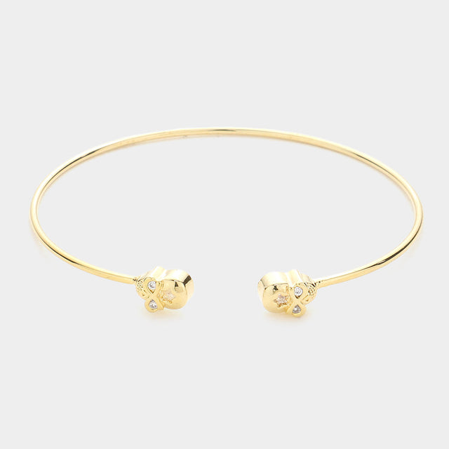 Gold Brass Metal CZ Embellished Skull Tip Cuff Bracelet