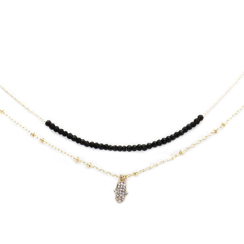Brass Metal CZ Hamsa Hand Pendant Necklace Cubic Zirconia - Black