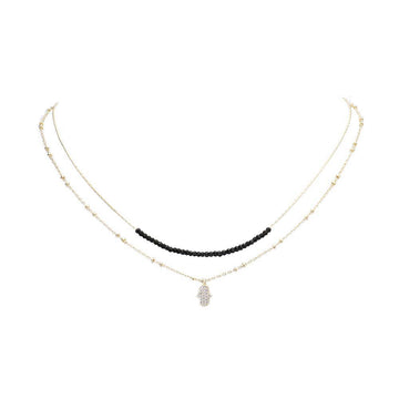 Layered Chain CZ Hamsa Hand Pendant on Metal Chain, second row blue stones on chain necklace. CZ Hamsa Pendant necklace, Hamsa Hand brings its owner happiness, luck, health & good fortune, wearing this can bring you good luck! the Cubic Zirconia Crystals shine and add a shimmer to your attire. Perfect Birthday Gift, Anniversary Gift, Mother's Day Gift, Graduation Gift, Just Because Gift, Bridesmaid Keepsake