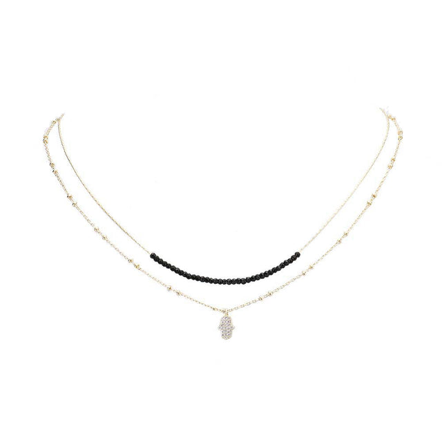 Layered Chain CZ Hamsa Hand Pendant on Metal Chain, second row blue stones on chain necklace. CZ Hamsa Pendant necklace, Hamsa Hand brings its owner happiness, luck, health & good fortune, wearing this can bring you good luck! the Cubic Zirconia Crystals shine and add a shimmer to your attire. Perfect Birthday Gift, Anniversary Gift, Mother's Day Gift, Graduation Gift, Just Because Gift, Bridesmaid Keepsake