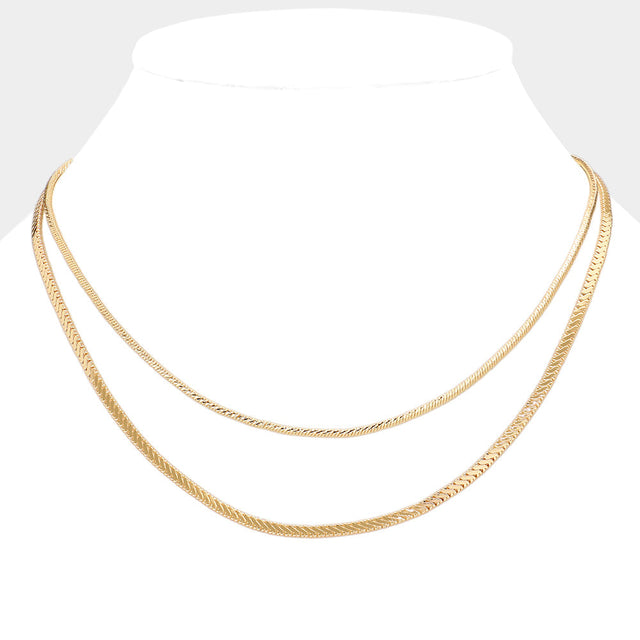 Gold Brass Metal Double Layered Chevron Chain Necklace
