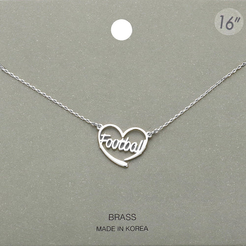 Brass Metal Football Heart Pendant Necklace - Rhodium