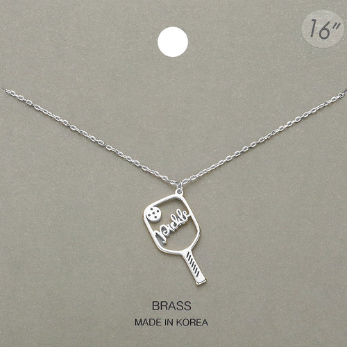 Brass Metal Pickleball Pendant Necklace - Rhodium