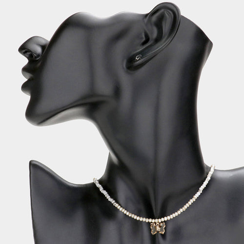 Butterfly Pendant Faceted Beaded Necklace - Gray