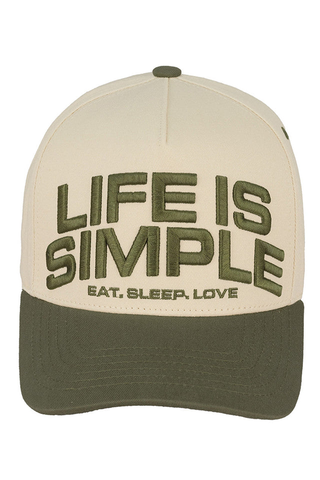 Olive C.C LIFE IS SIMPLE EAT, SLEEP, LOVE Trucker Cap combines practical design with a meaningful message. Crafted with breathable mesh and an adjustable snapback closure, it ensures comfort and a customizable fit. This cap is perfect for those who appreciate simplicity and want to showcase a lifestyle centered on essential joys‚Äîeating well, resting, and loving fully‚Äîwhile maintaining a stylish, casual look.