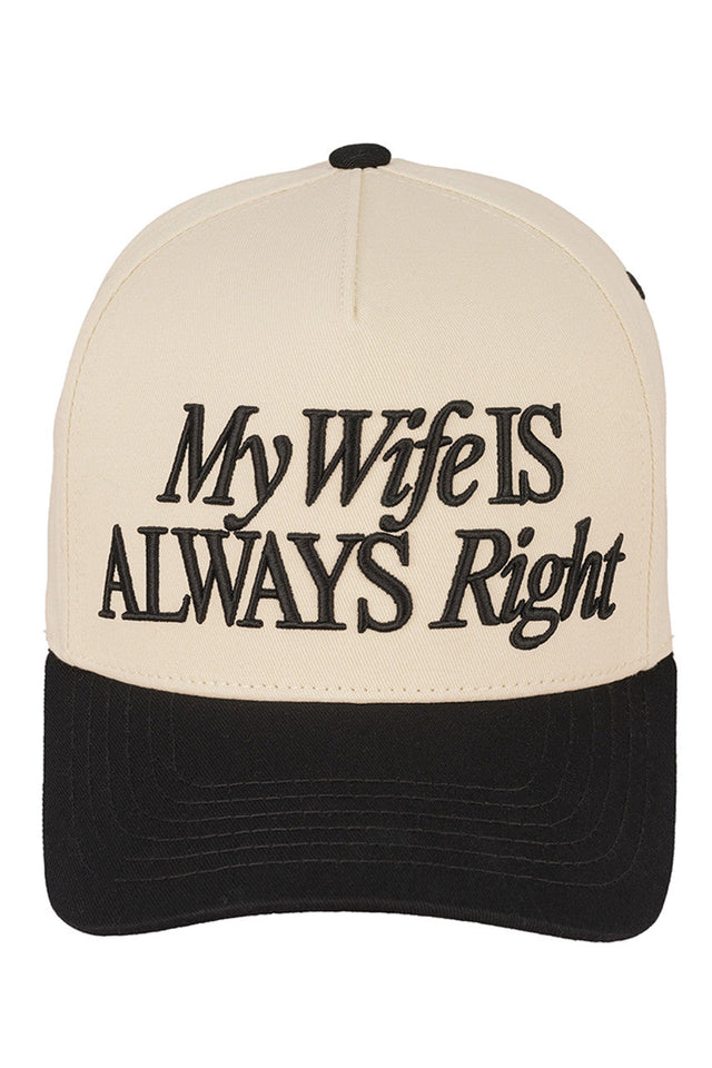 Black C.C MY WIFE IS ALWAYS RIGHT Two Tone Trucker Cap combines casual style with a playful message. Featuring a classic two-tone design and breathable mesh back, this cap offers comfort and ventilation for everyday wear. Its adjustable snapback ensures a secure fit, making it ideal for outdoor activities or casual outings. Perfect for those who appreciate humor and quality in their headwear.