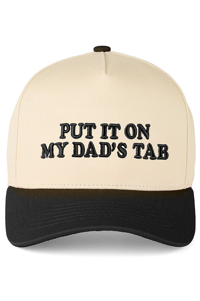 Black C.C PUT IT ON MY DAD'S TAB Letter Trucker Hat executed with high-precision embroidery technology and engineered using a composite framework featuring a stabilized front panel for enhanced rigidity and strategically placed mesh zones for superior ventilation. The calibrated snapback system offers multi-point adjustability, allowing for a tailored fit. Advanced stitching techniques at high-stress areas ensure long-term structural durability. The pre-curved brim is designed to retain its shape consistent