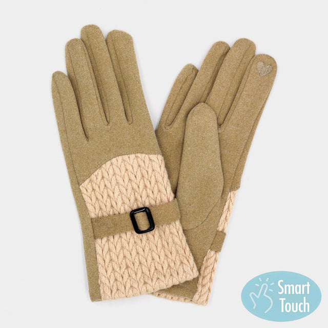 Beige Cable And Band Details Smart Touch Gloves