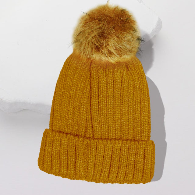 Mustard Cable Knit Pom Pom Beanie Hat