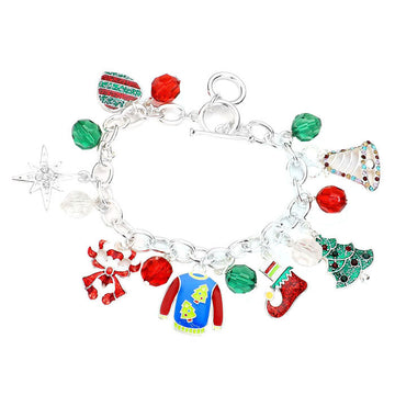 Multi Candy Cane Christmas Tree Heart Jingle Bell Charm Station Toggle Bracelet, Get ready with these Bracelet, put on a pop of color to complete your ensemble. Perfect for adding just the right amount of shimmer & shine and a touch of class to special events. Perfect Birthday Gift, Anniversary Gift, Mother's Day Gift.