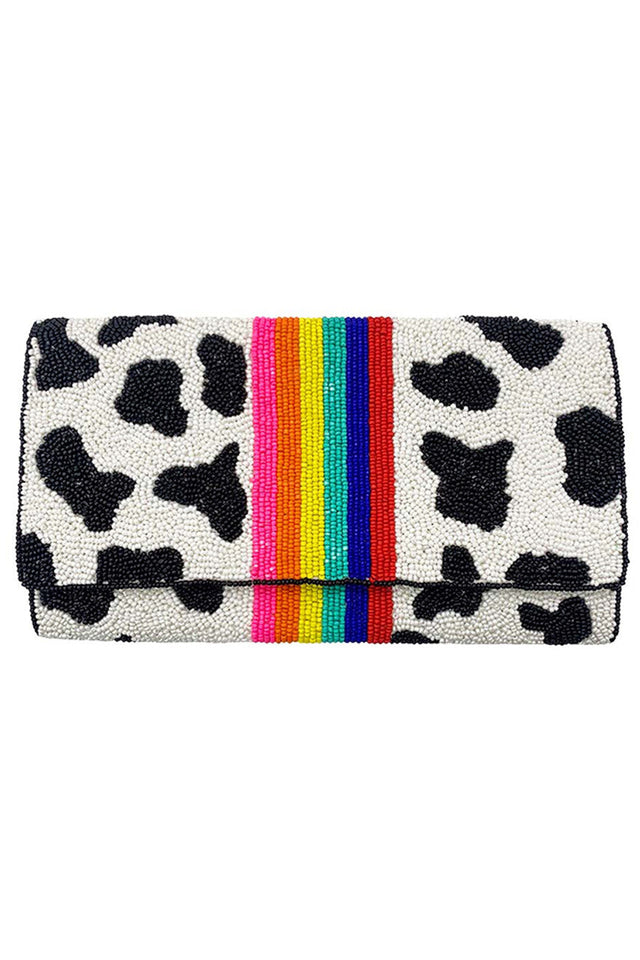 Center Rainbow Stripe Glass Beads Clutch is a meticulously designed accessory featuring vibrant, multicolored glass beads arranged in a striking striped pattern. This expertly crafted clutch offers a compact yet practical size, perfect for carrying essentials while adding a refined splash of color to any outfit. Ideal for formal occasions or stylish evenings, it combines durability with elegant design to enhance your look with a unique, artistic touch.