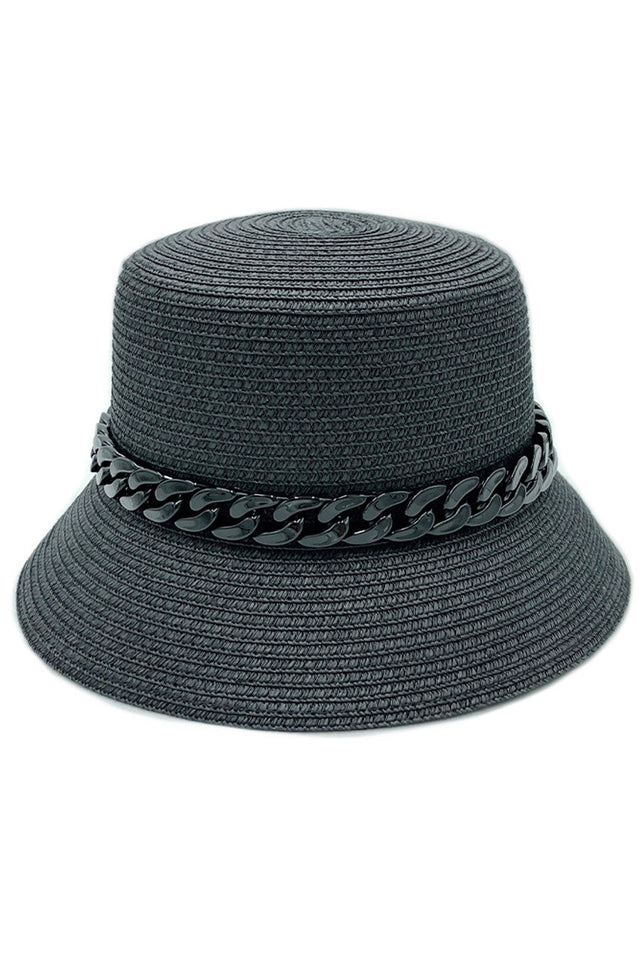 Black CHAIN BAND STRAW BUCKET HAT exemplifies the harmonious integration of natural straw construction with metallic chain band detailing. The calibrated brim angle provides optimal facial shading while the porous structure facilitates air circulation during prolonged wear. The tensile strength of the woven pattern ensures durability without compromising on lightweight comfort, making it a technically superior accessory for discerning customers seeking both functionality and refined aesthetics.