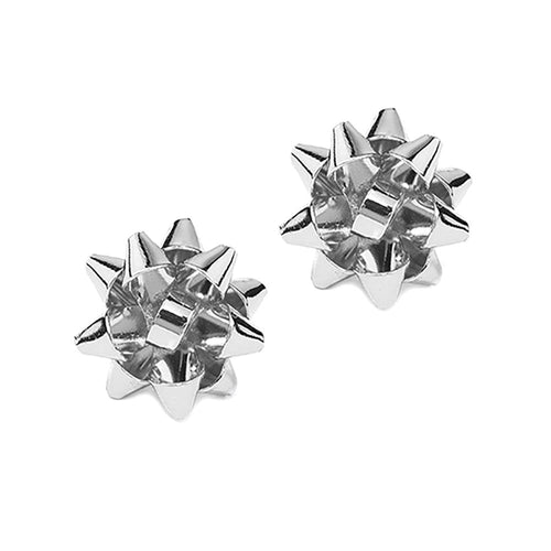 Christmas Gift Bow Stud Earrings - Silver