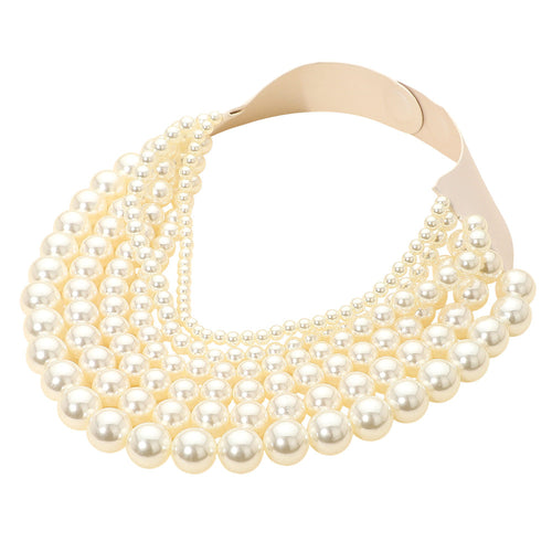 Collar magnético de cuero sintético multicapa con cuentas de bolas de metal gruesas - Cream