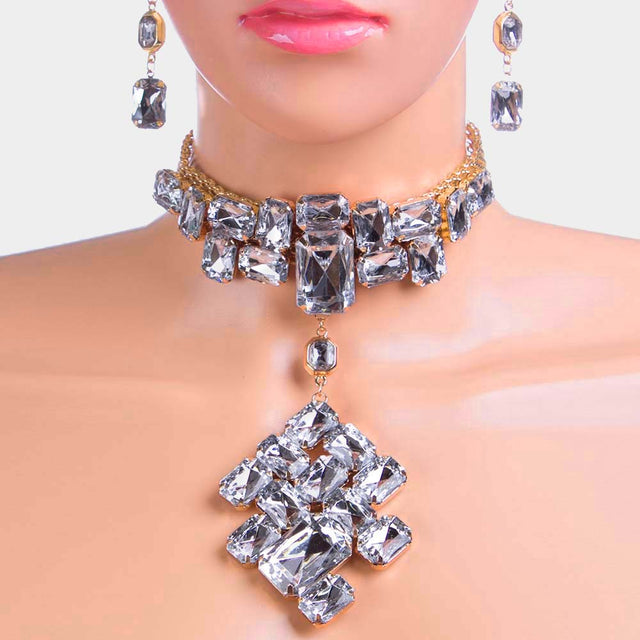 Clear, Gold Chunky Rectangle Stone Cluster Choker Necklace