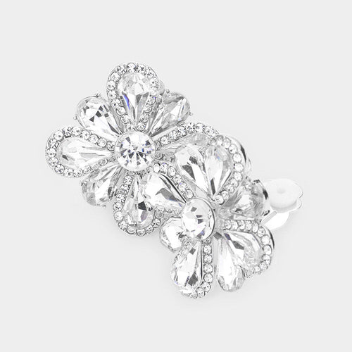 Clover Glass Stone Cluster Clip On Earrings - Silver
