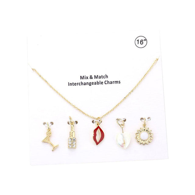 Gold Cocktail Rhinestone Embellished Lipstick Lips Heart Pearl Sunflower Interchangeable Pendant Necklace, Get ready with these Rhinestone Embellished Lipstick Lips Heart Pearl Sunflower Interchangeable Pendant Necklace, put on a pop of color to complete your ensemble. Perfect for adding just the right amount of shimmer & shine and a touch of class to special events. Perfect Birthday Gift, Anniversary Gift, Mother's Day Gift, Graduation Gift.