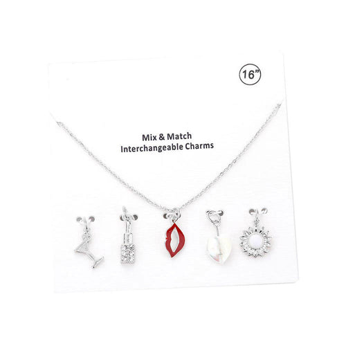 Collar intercambiable de corazón y perla con forma de lápiz labial de cóctel - Rodio
