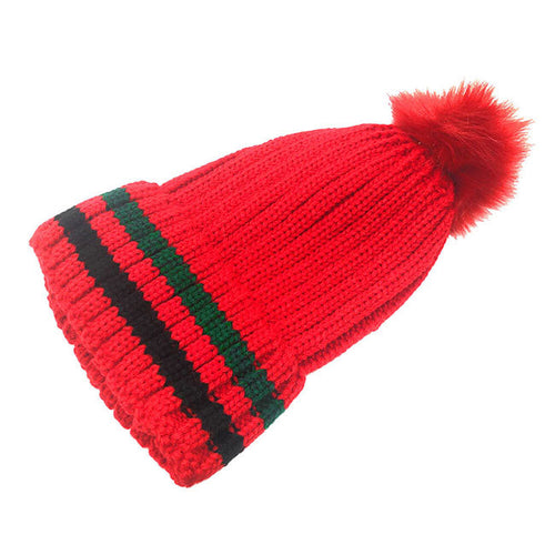 Gorro cálido y acogedor con pompones de punto acrílico en bloques de colores - Rojo