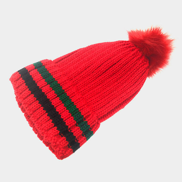 Red Color Block Knit Pom Pom Beanie Hat