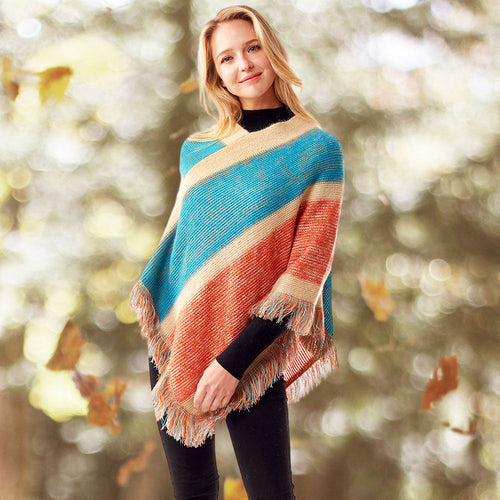 Colorful Vertical Stripe Patterned Poncho - Coral
