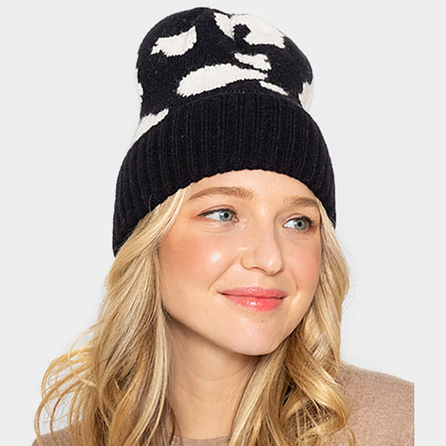Black Cow Patterned Ribbed Knit Cuff Beanie Hat