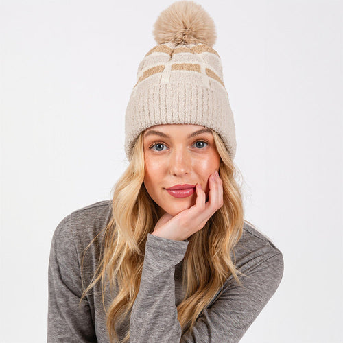 Gorro acogedor con pompón y bloques de colores - Gris pardo