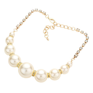 Gold, Clear, Cream Multi Sized Pearl Round Stone Necklace Earring Set is boasting an exquisite range of pearls of varying sizes, this necklace will add a gorgeous touch of class and sophistication to any outfit. Perfect for parties, Weddings, Birthday Gift, Anniversary, Christmas Gift, Regalos de: Cumpleanos, Navidad, Anniversario, etc