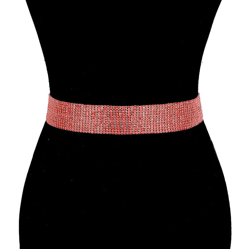 Crystal Accented Rhinestone Pave Embellished Belt Red