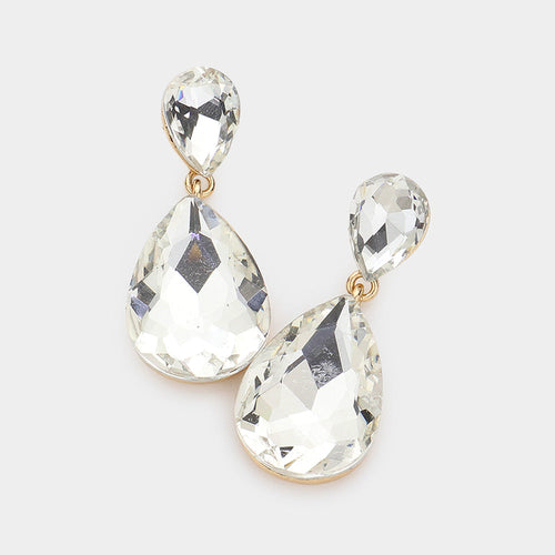 Women's Crystal Double Teardrop Evening Dangle Earrings - Clear, Gold