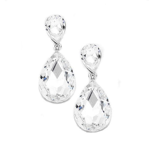 Women's Crystal Double Teardrop Evening Dangle Earrings - Silver