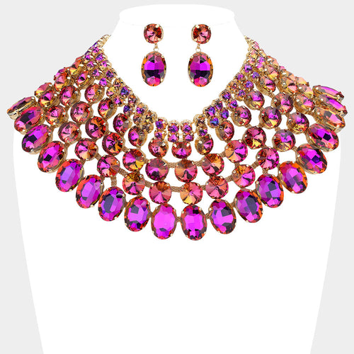 Women's Crystal Glass Bib Statement Necklace - AB, Purple