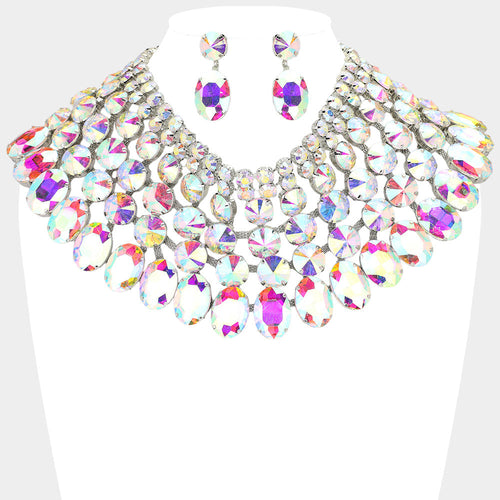 Women's Crystal Glass Bib Statement Necklace - AB, Rhodium