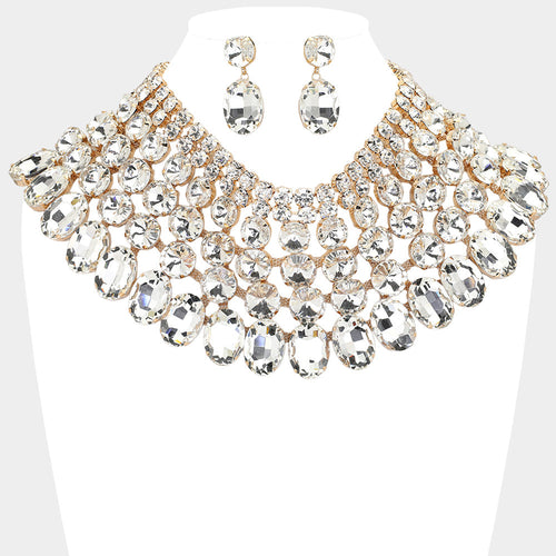 Women's Crystal Glass Bib Statement Necklace - Gold