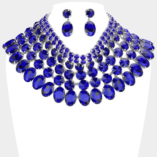 Women's Crystal Glass Bib Statement Necklace - Montana Blue, Rhodium