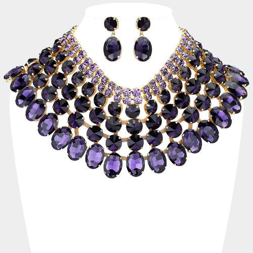 Women's Crystal Glass Bib Statement Necklace - Purple