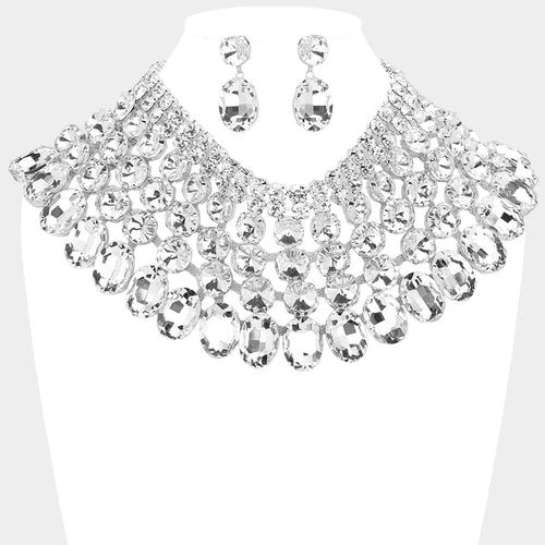 Women's Crystal Glass Bib Statement Necklace - Rhodium
