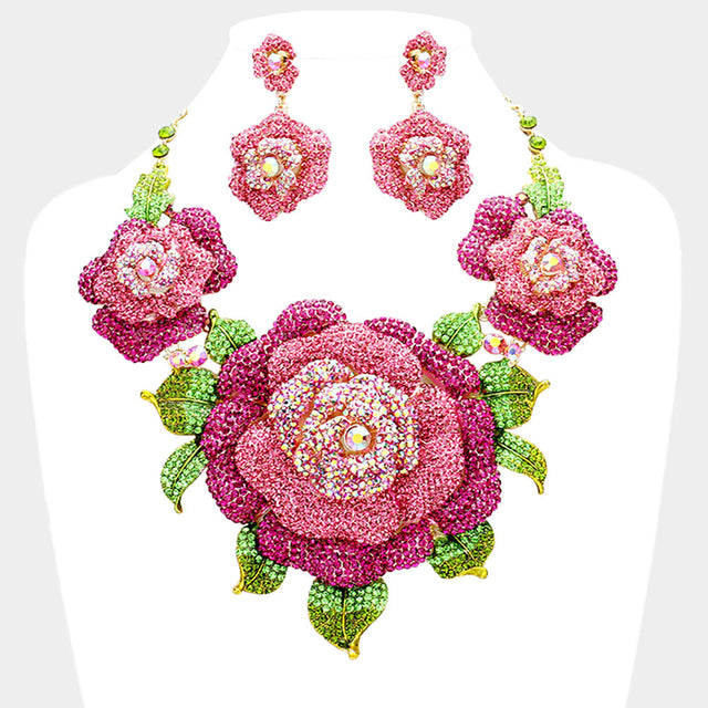 Fuchsia, Gold Crystal Pave Rose Flower Accented Evening Necklace