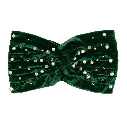 Diadema con orejeras de terciopelo retorcido con detalles de perlas de cristal - Verde