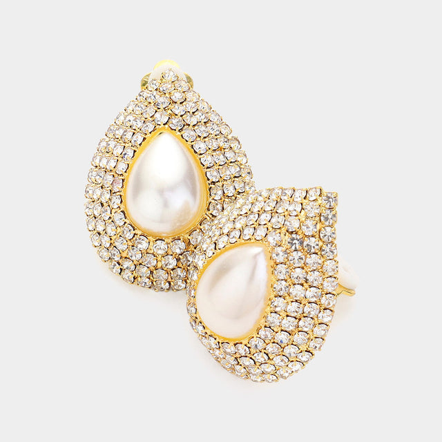 Cream, Gold Crystal pearl teardrop clip on earrings